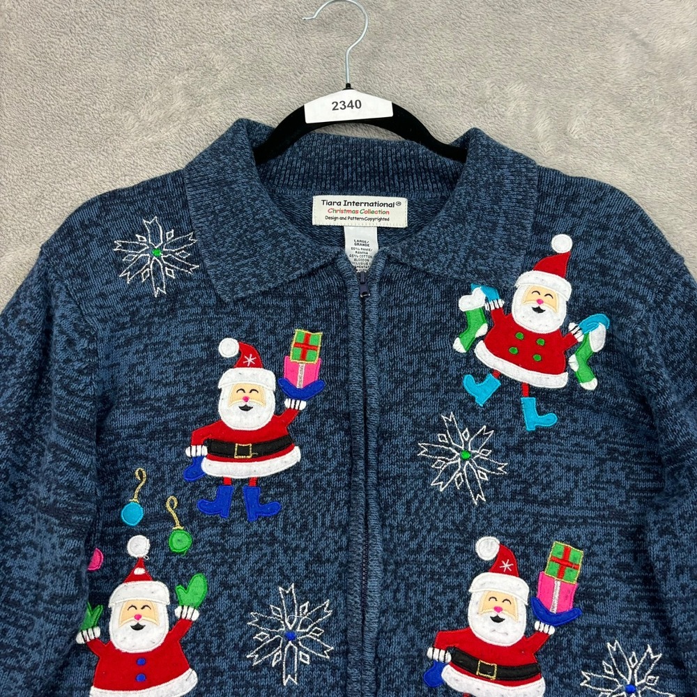 VTG Tiara International Christmas Santa Sweater Women L Blue Ramie Full Zip - Picture 3 of 16